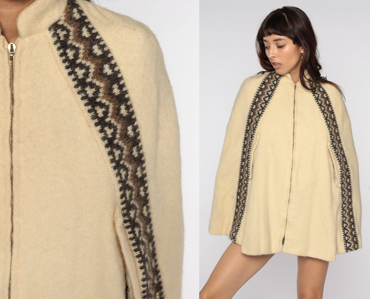 1960s Icelandic Wool Cape Cream Zip Jacket Mod Medium
