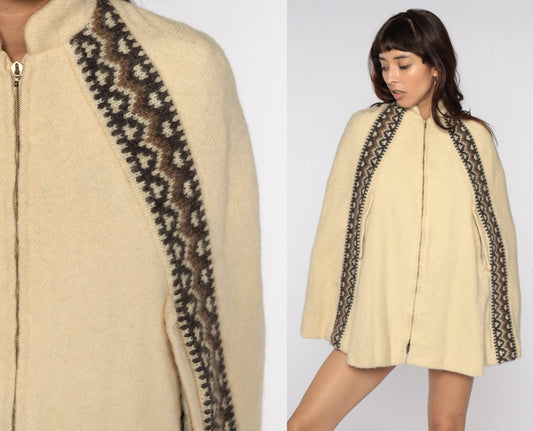 1960s Icelandic Wool Cape Cream Zip Jacket Mod Medium