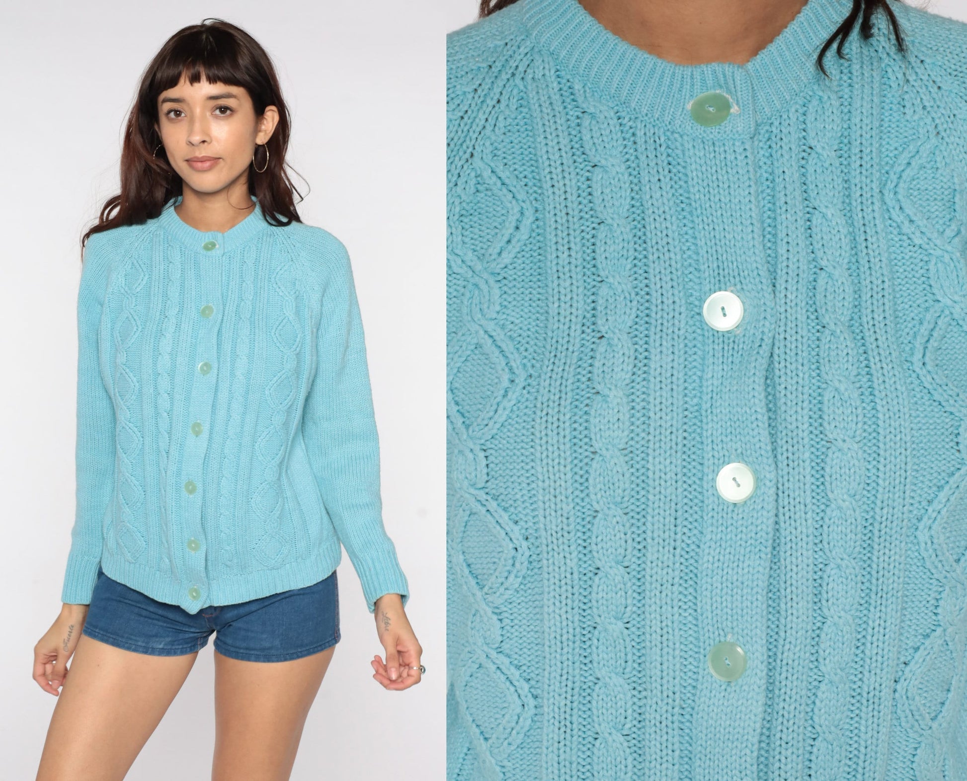 70s Cable Knit Cardigan Baby Blue Button-Up Raglan Sweater Large