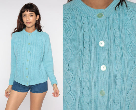 70s Cable Knit Cardigan Baby Blue Button-Up Raglan Sweater Large