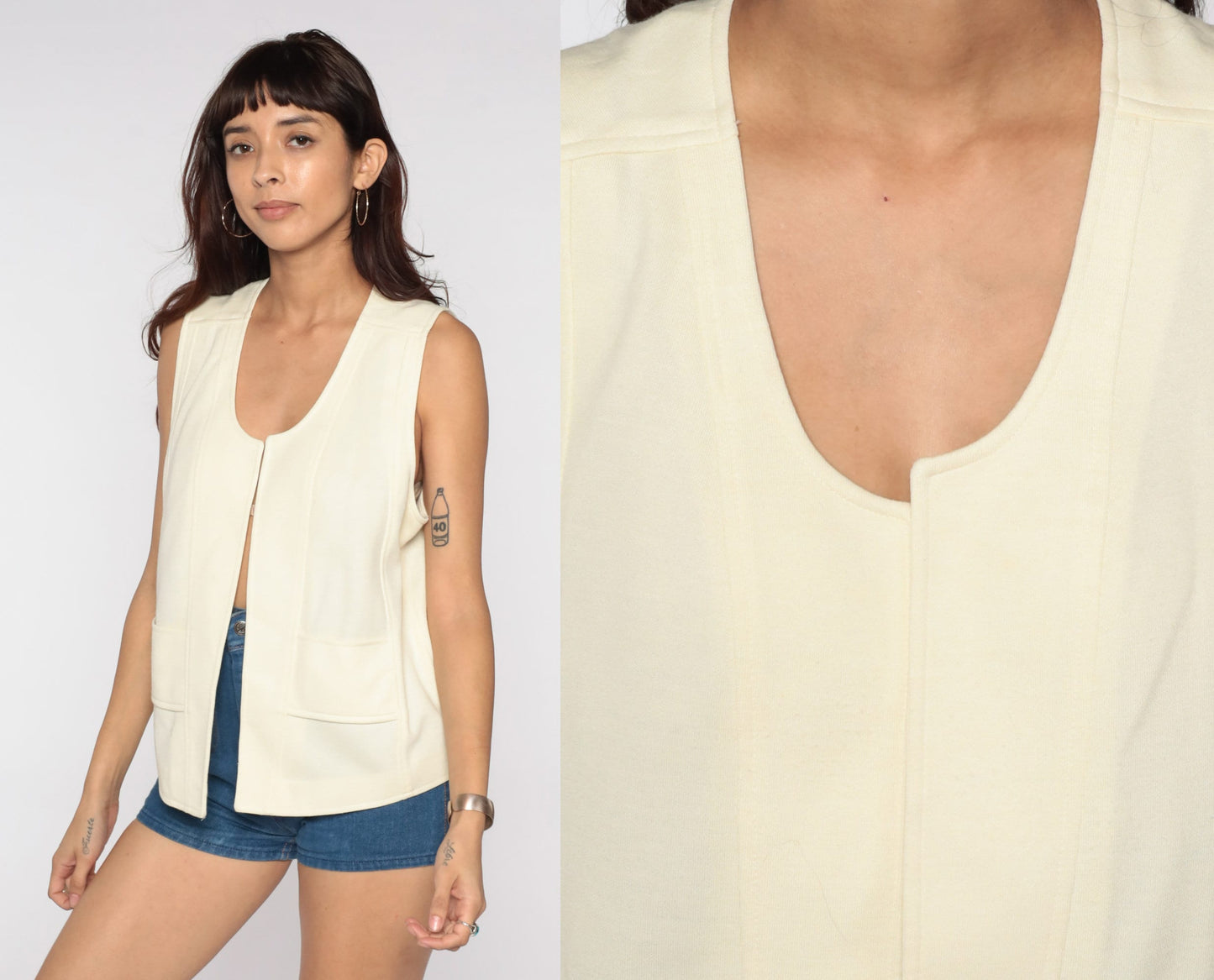 70s Cream Open Front Sleeveless Vest Large L