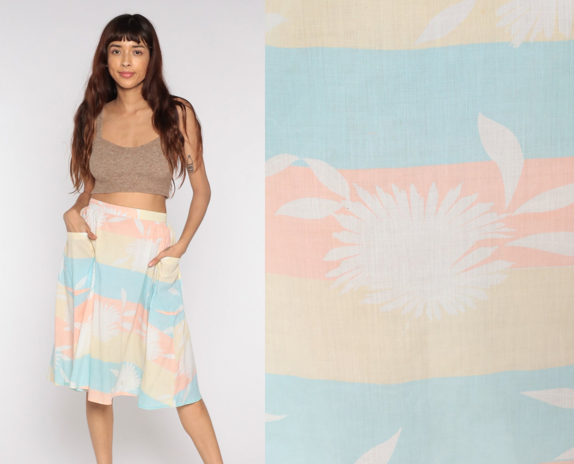 80s Striped Floral Midi Skirt High Waist Yellow Pastel Small