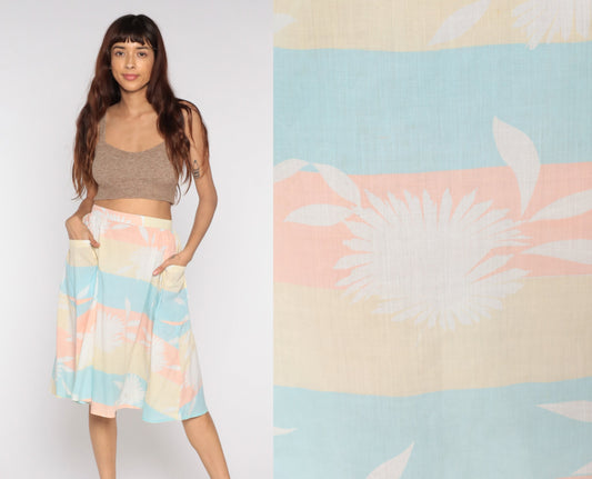 80s Striped Floral Midi Skirt High Waist Yellow Pastel Small