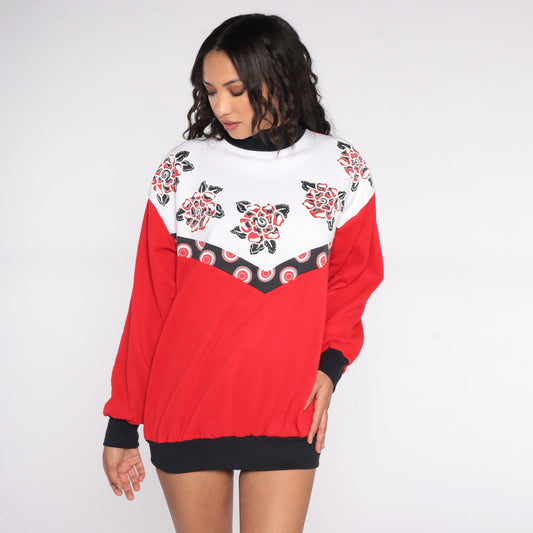 80s Floral Color Block Sweatshirt Red White Black Graphic Crewneck Large