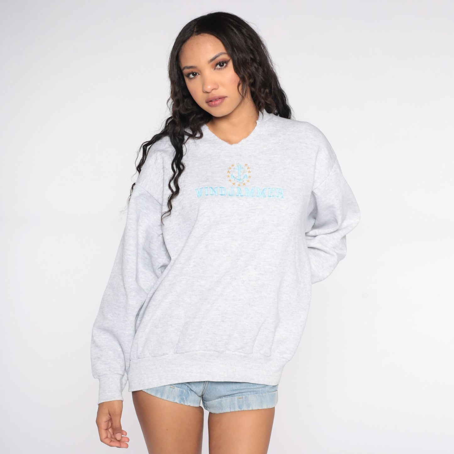 90s Windjammer Nautical Sweatshirt Grey Anchor Sailing Boat Crewneck Large L