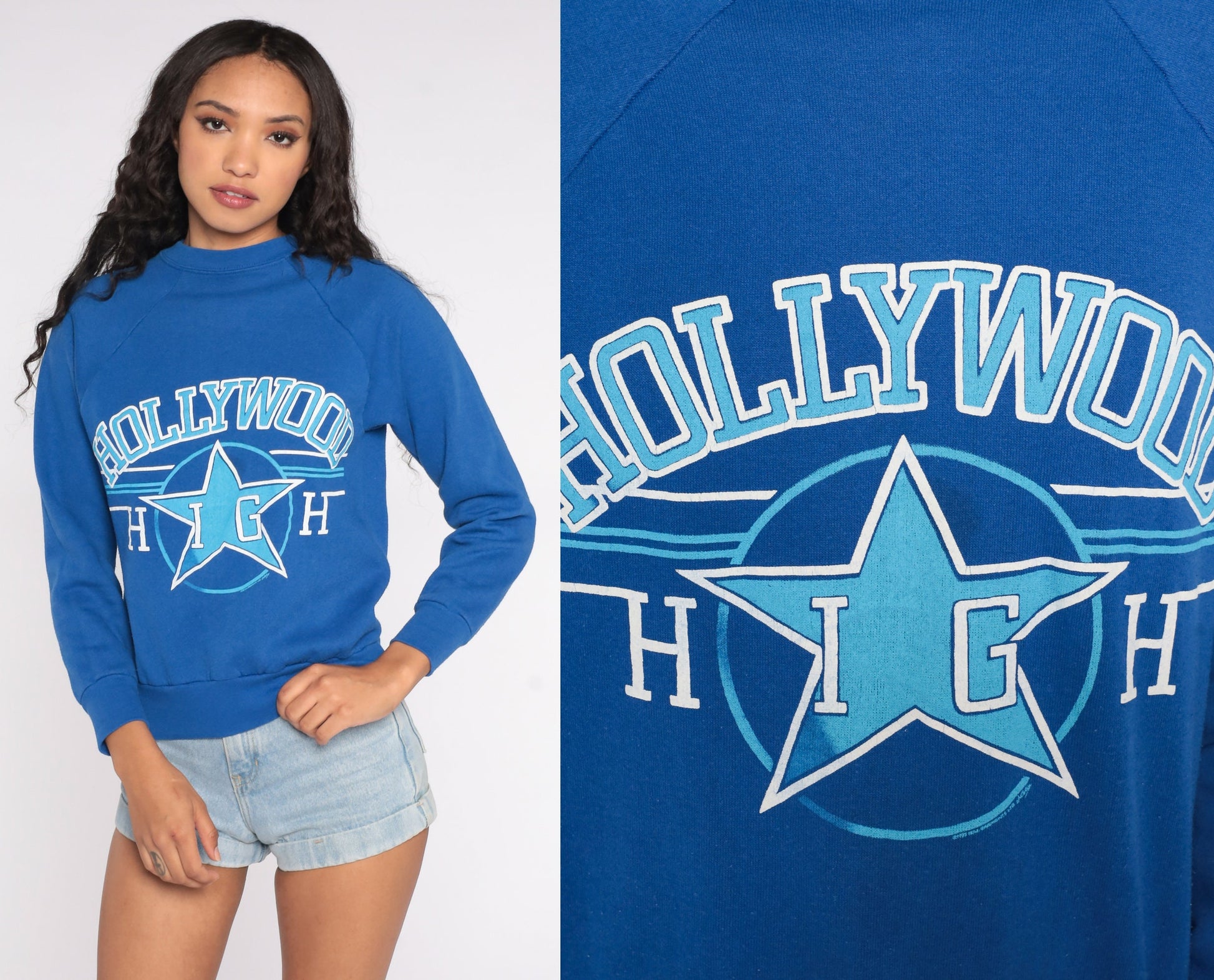 80s Hollywood High Sweatshirt Royal Blue Graphic Raglan Pullover Small
