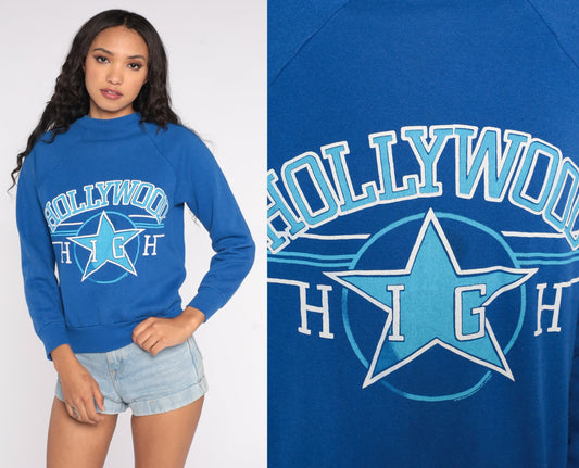 80s Hollywood High Sweatshirt Royal Blue Graphic Raglan Pullover Small