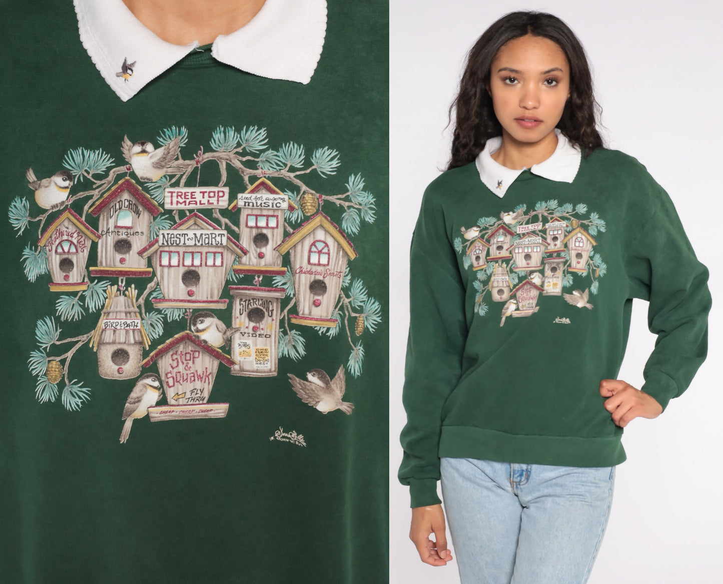 90s Bird Graphic Sweatshirt Green Collared Crewneck Large