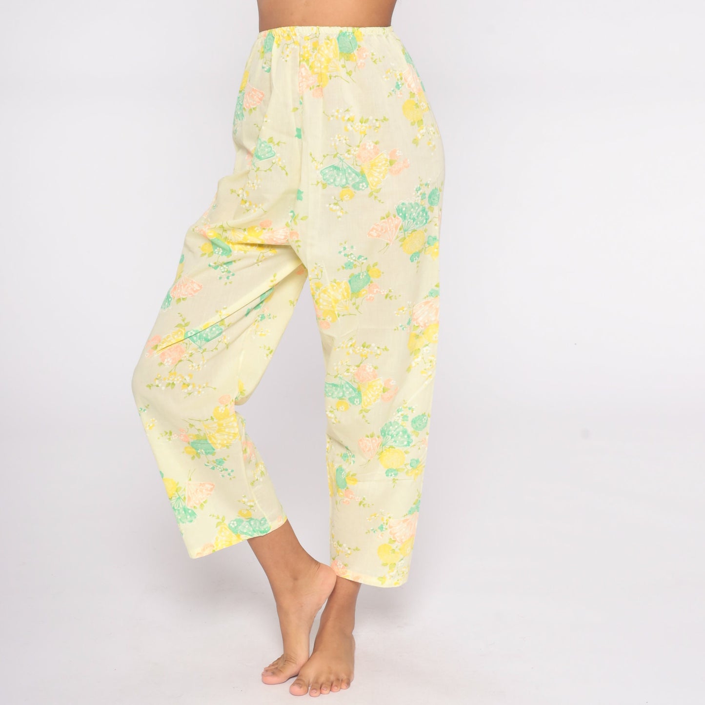 70s Yellow Floral Wide Leg Pants Butterfly Print High Waist Small Medium
