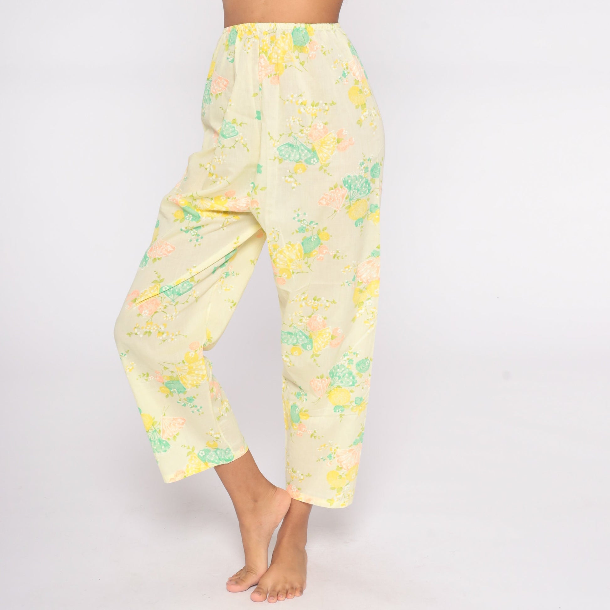 70s Yellow Floral Wide Leg Pants Butterfly Print High Waist Small Medium