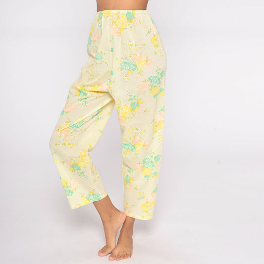 70s Yellow Floral Wide Leg Pants Butterfly Print High Waist Small Medium
