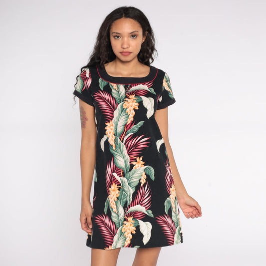 80s Hawaiian Floral Mini Dress Black Shift Button-Up Short Sleeve Small