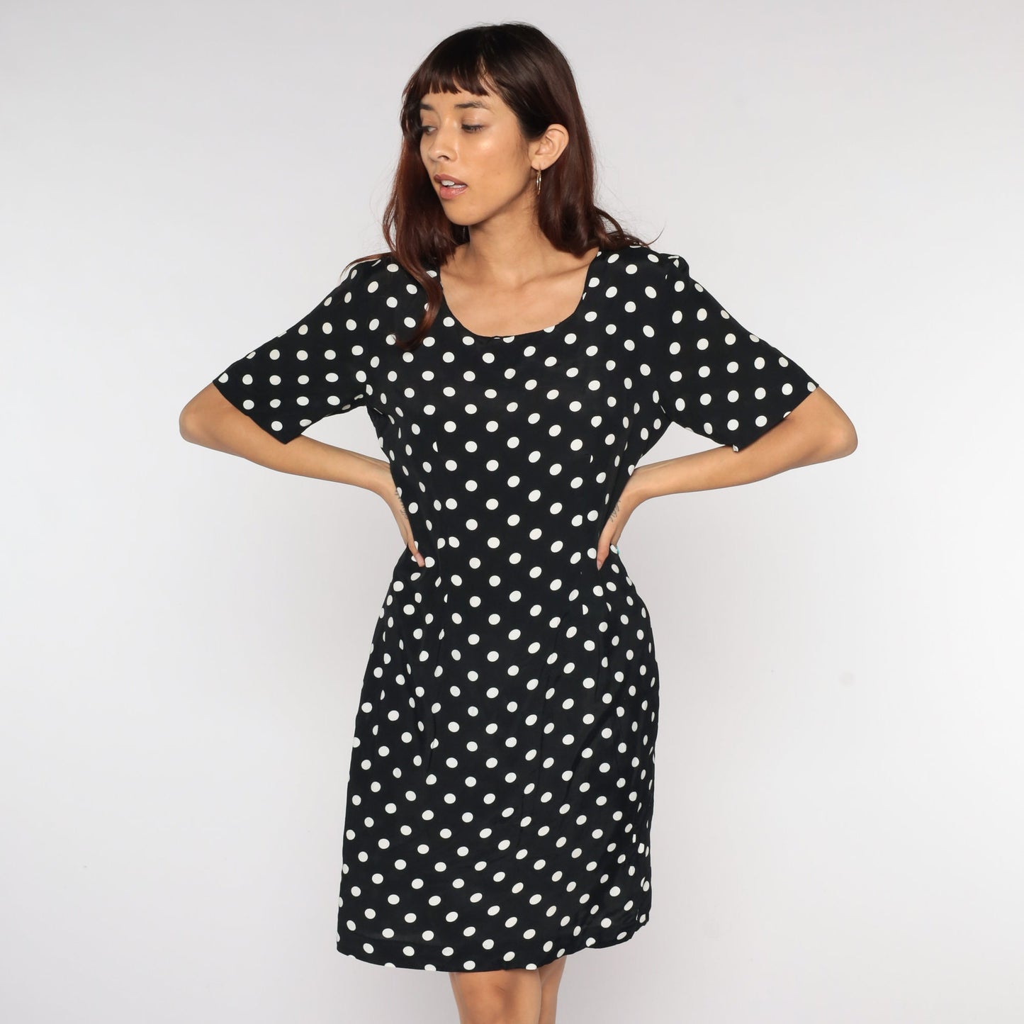 90s Polka Dot Mini Dress Black White Shift Short Sleeve Medium