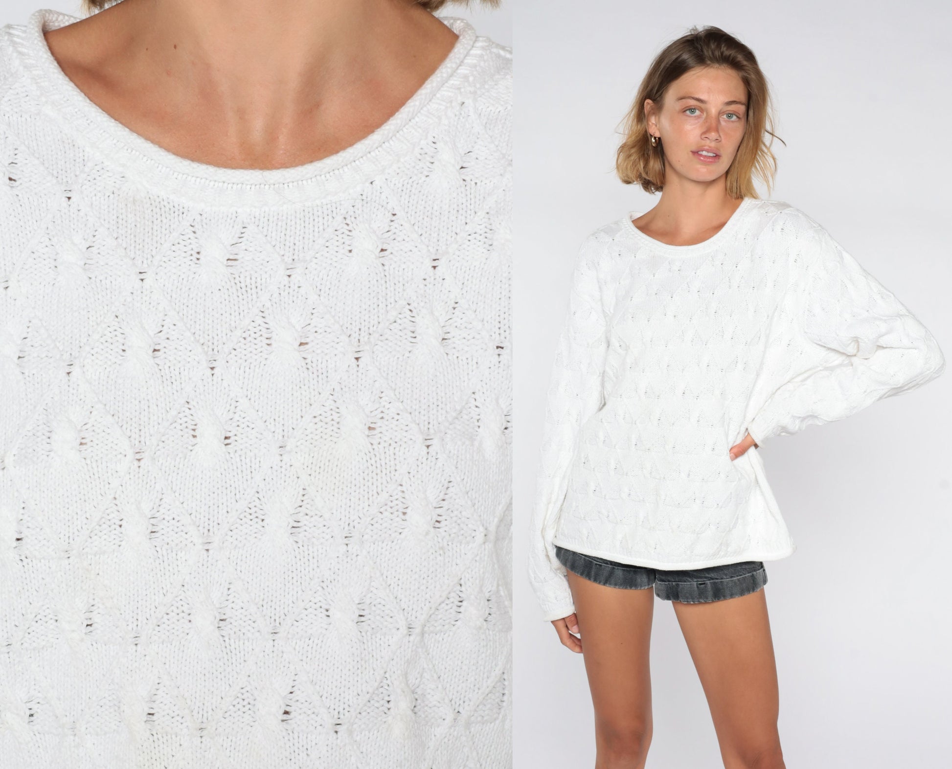 90s White Textured Knit Sweater Diamond Brocade Pullover Large L