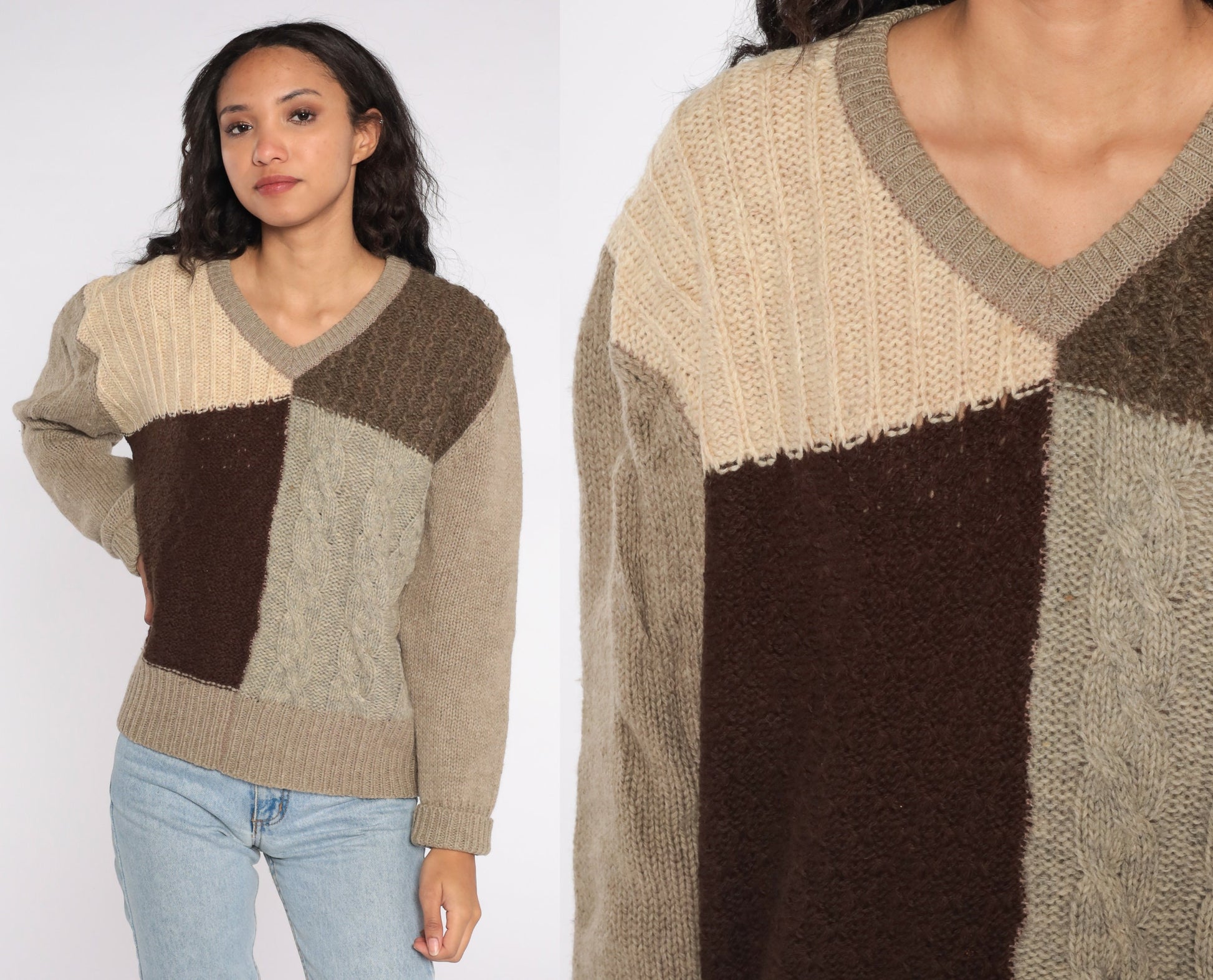 1970s Wool Cable Knit Sweater V-Neck Colour Block Taupe Brown Large