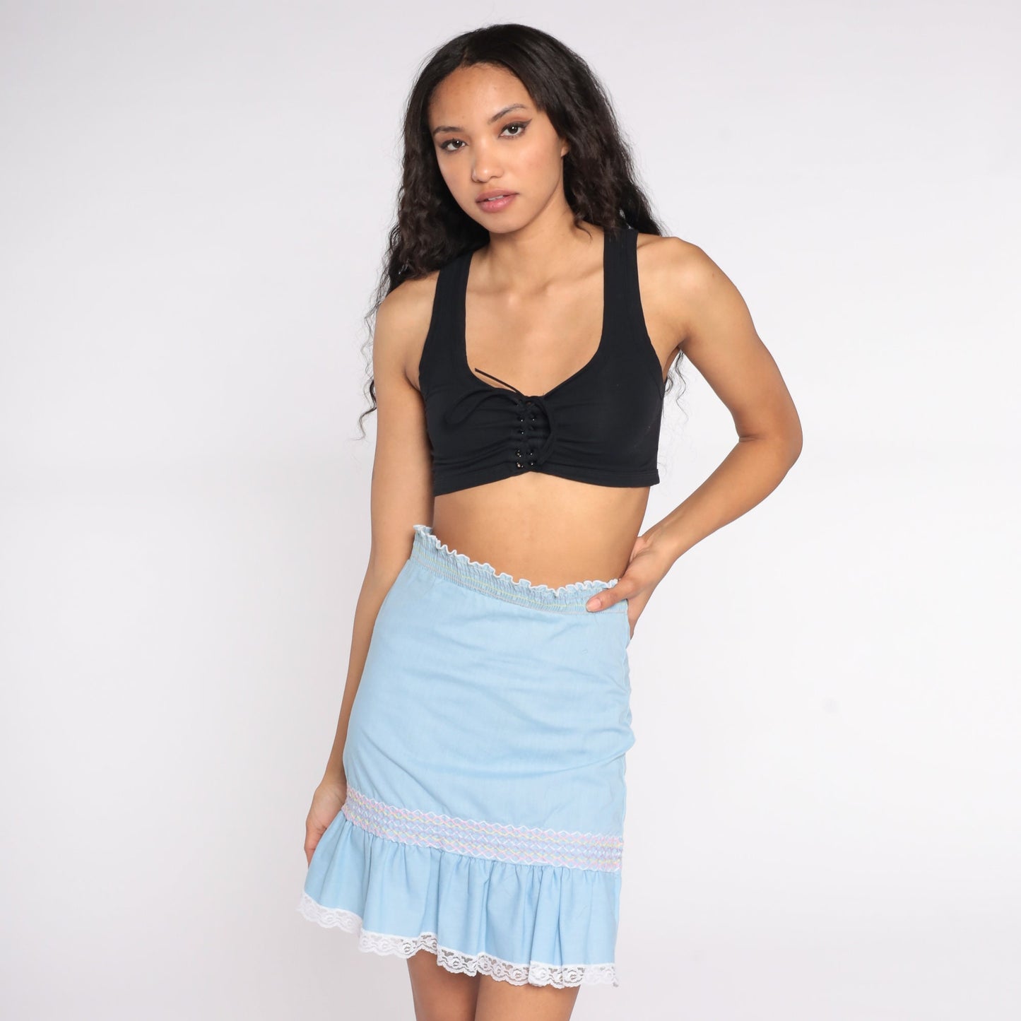 70s Baby Blue Mini Skirt High Waisted Smocked Ruffle Lace Trim Small