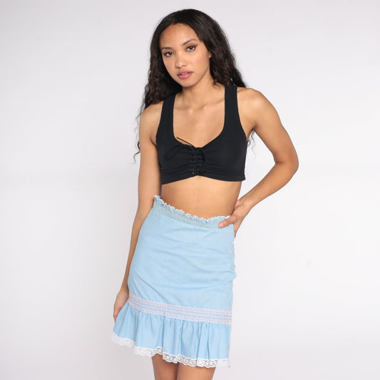 70s Baby Blue Mini Skirt High Waisted Smocked Ruffle Lace Trim Small