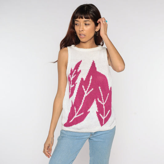 80s Tropical Leaf Knit Tank Top White Ramie Cotton Sleeveless Sweater Medium