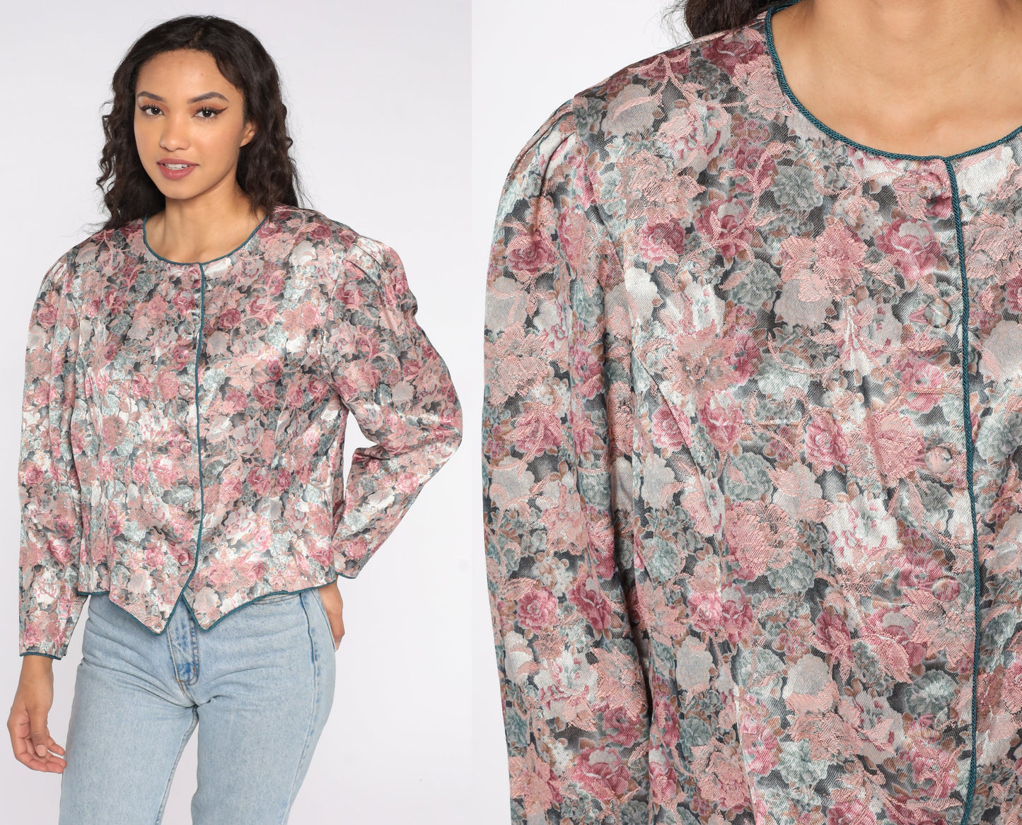 80s Tapestry Floral Button-Up Blouse Pink Puff Sleeve Shirt Large
