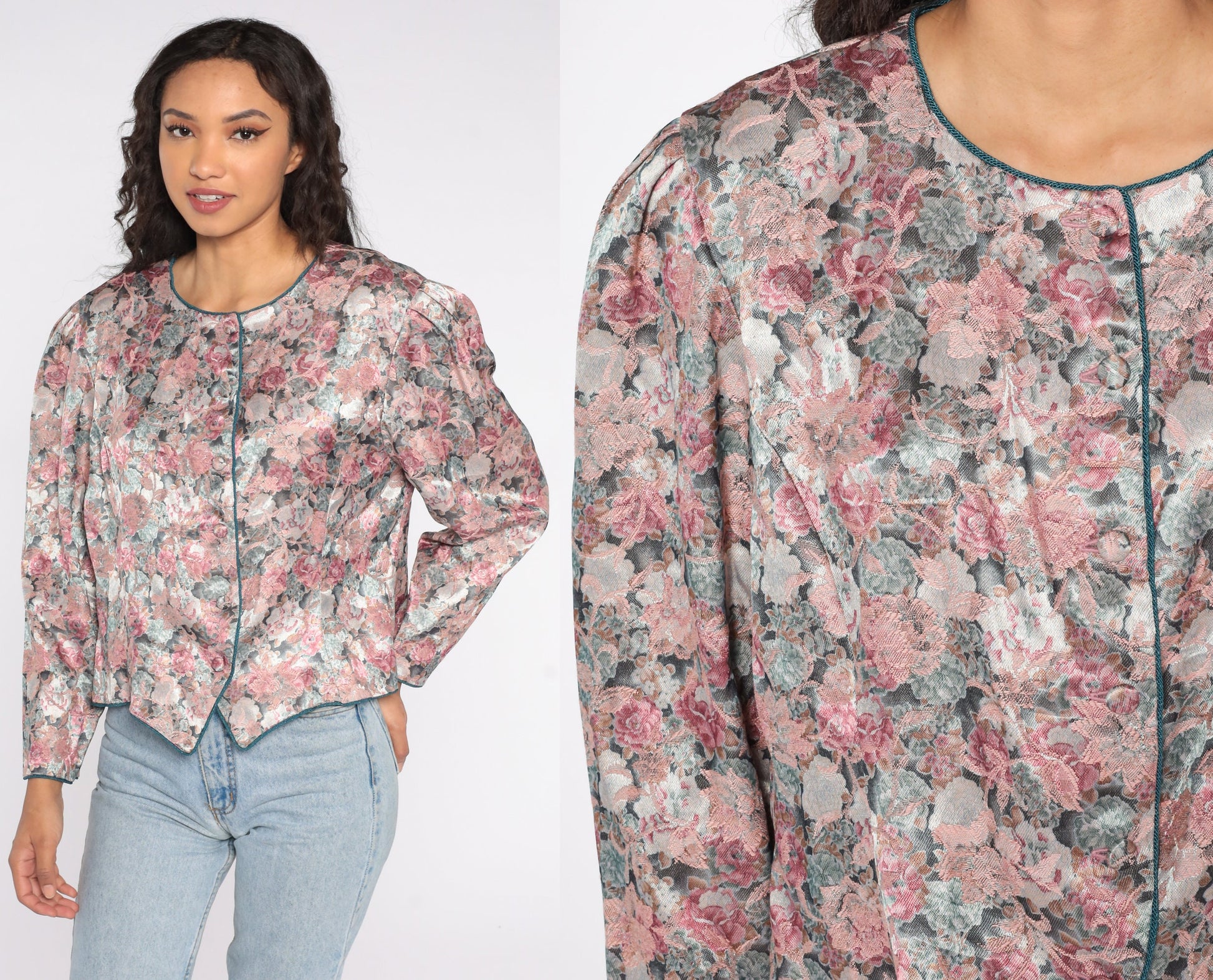 80s Tapestry Floral Button-Up Blouse Pink Puff Sleeve Shirt Large