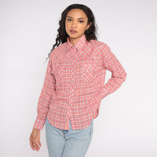 80s Western Shirt Red Plaid Pearl Snap Button Up Medium