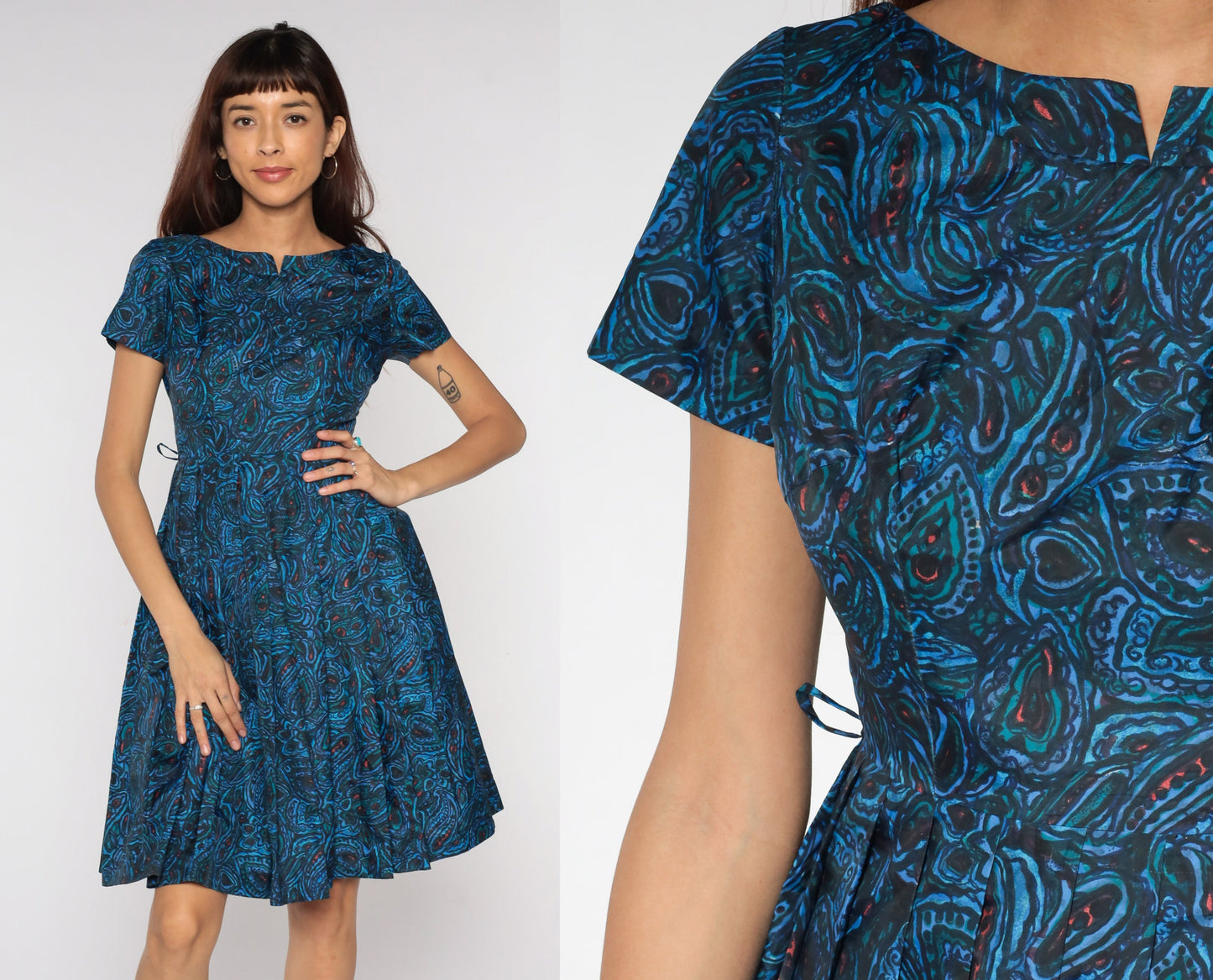 1960s Blue Paisley Pleated Midi Dress High Waist Short Sleeve Extra Small XS