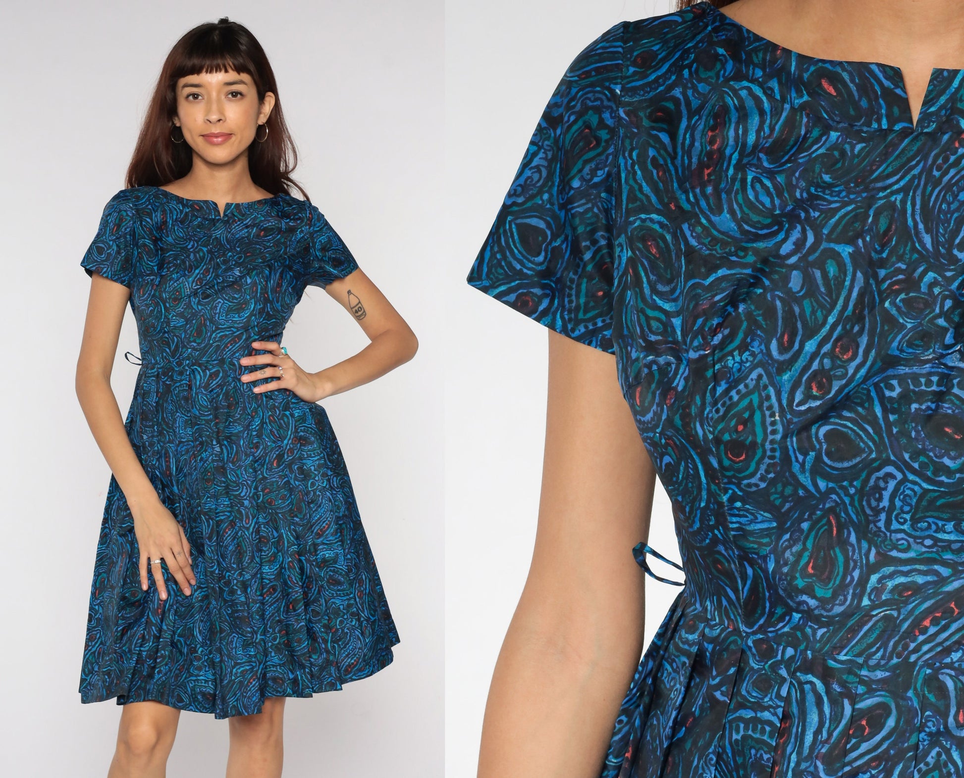 1960s Blue Paisley Pleated Midi Dress High Waist Short Sleeve Extra Small XS