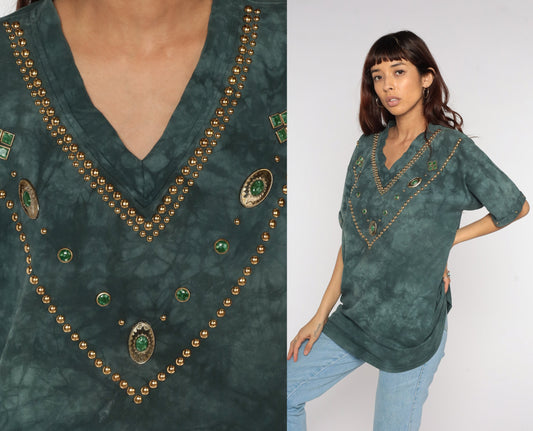 80s Tie Dye V-Neck T-Shirt Gold Studded Green Short Sleeve Extra Large