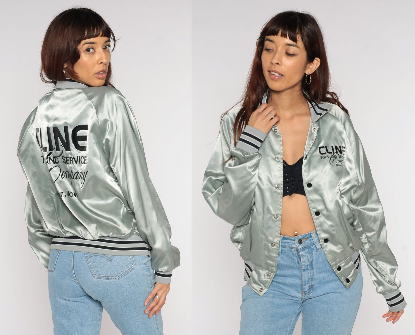 80s Cline Tool and Service Satin Bomber Jacket Silver Small