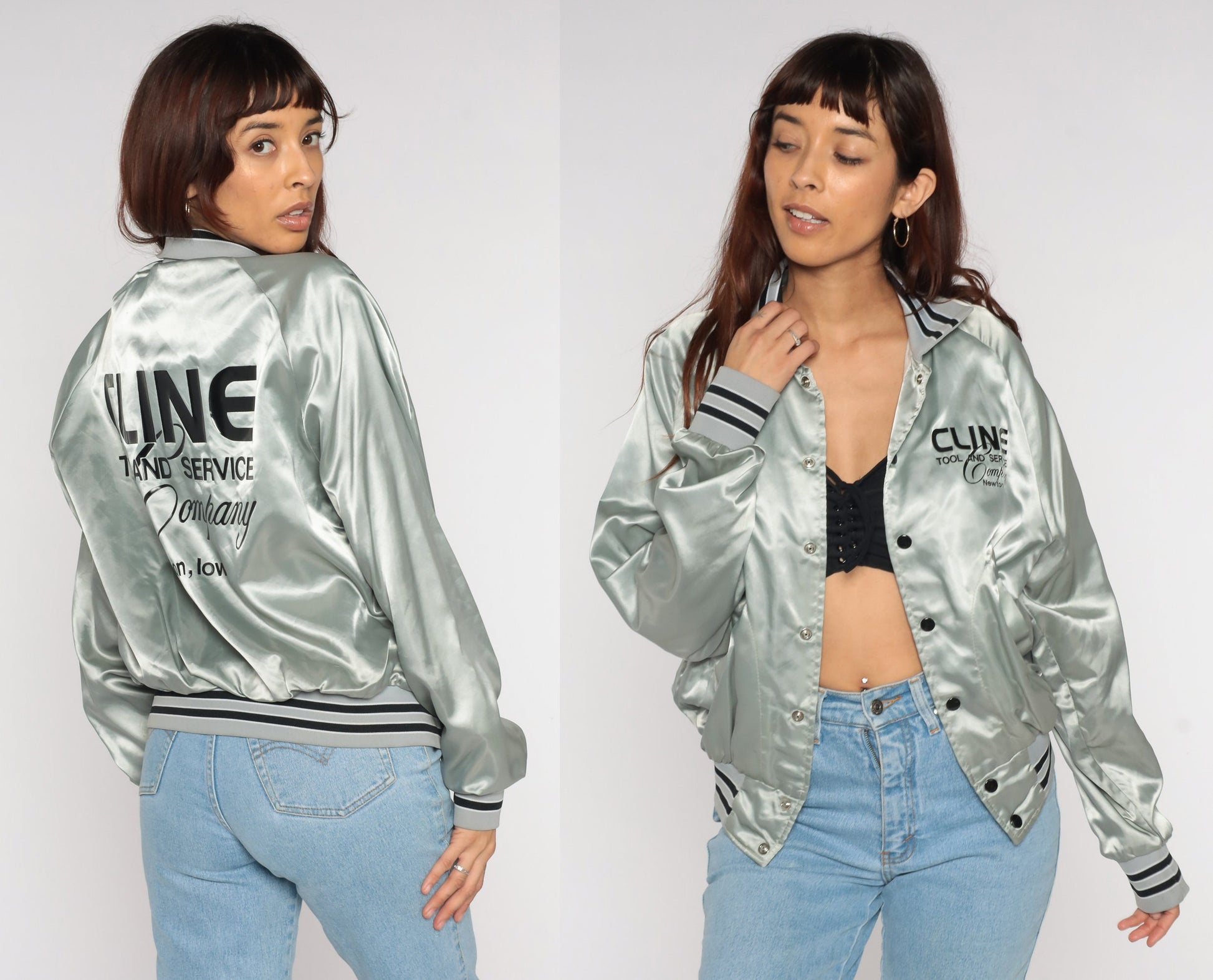 80s Cline Tool and Service Satin Bomber Jacket Silver Small