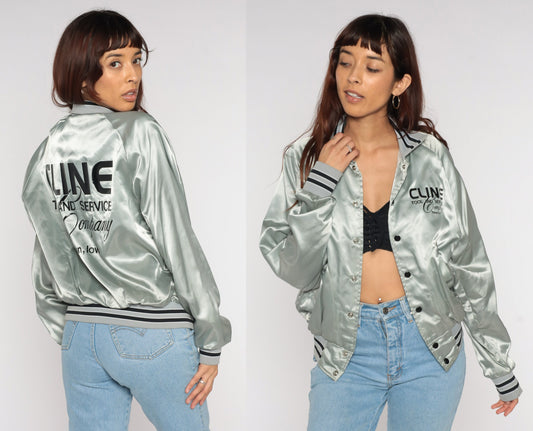 80s Cline Tool and Service Satin Bomber Jacket Silver Small