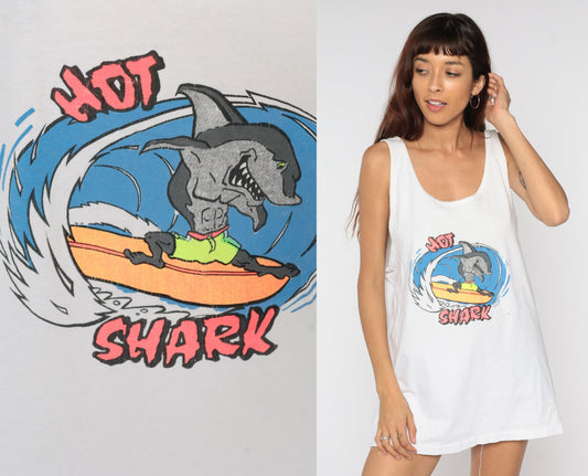 90s Hot Shark Surfing Graphic Tank Top White Extra Large XXL