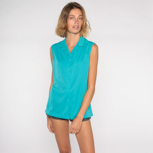80s Sears Sleeveless Button-Up Blouse Turquoise Large L