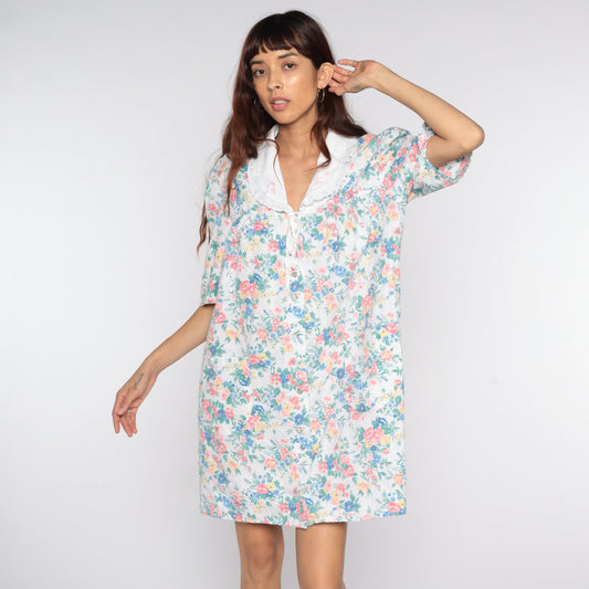 80s Floral Dress with Lace Collar Short Sleeve White Cotton Mini Large L