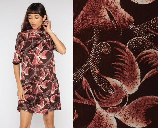 60s Mod Shift Dress Brown Abstract Bird Print Mock Neck Mini Medium
