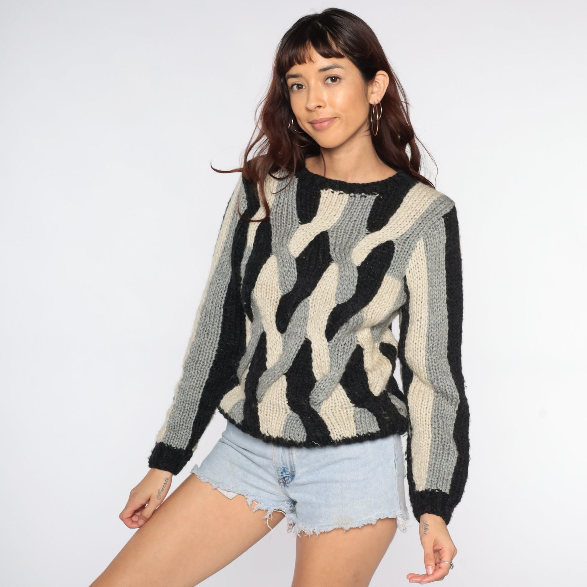 80s Striped Knit Sweater Black Cream Woven Pullover Small