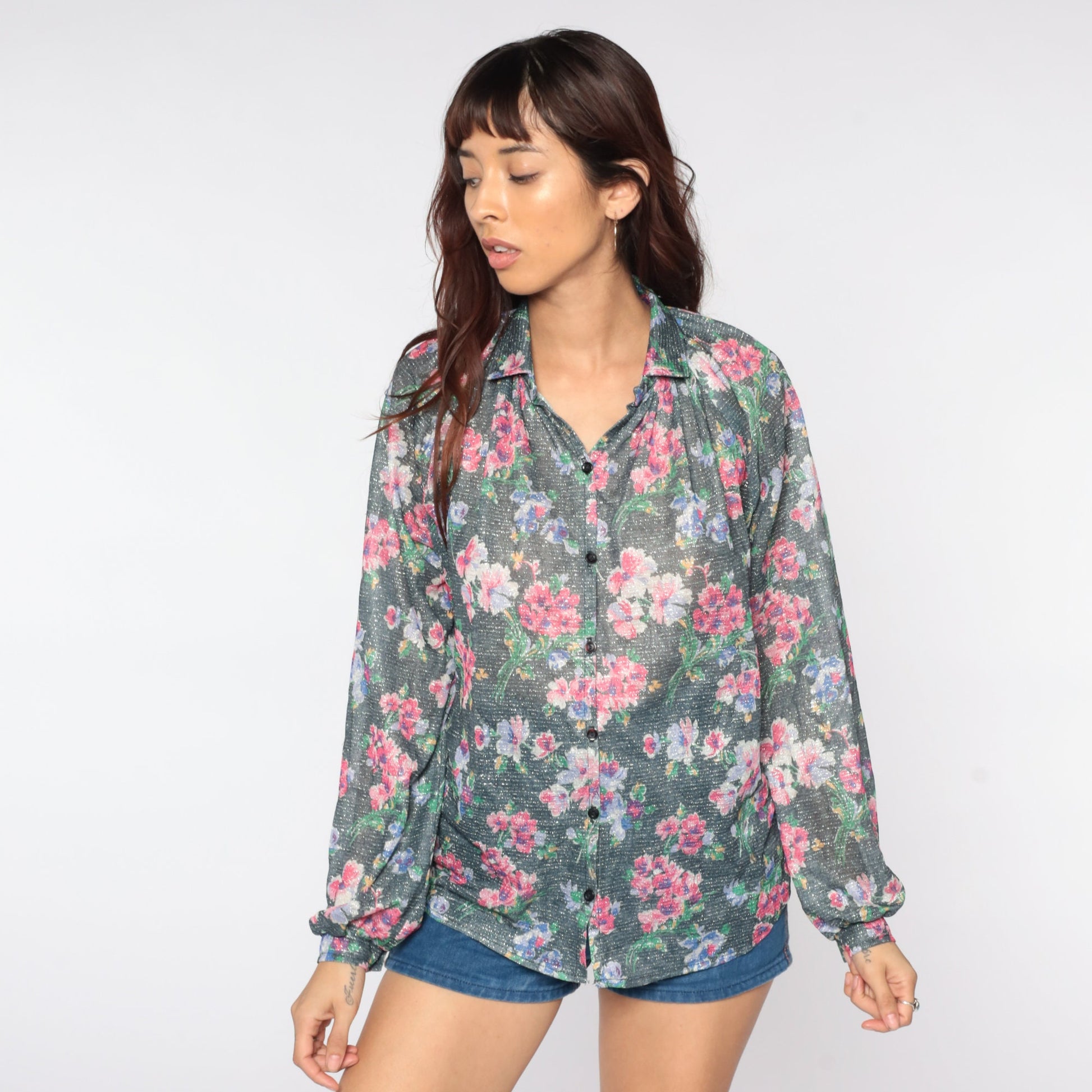 70s Silver Floral Button-Up Blouse Metallic Raglan Sleeve Shirt Large L