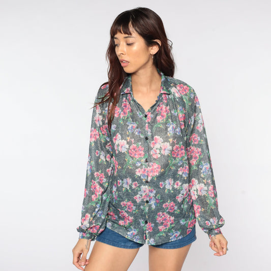 70s Silver Floral Button-Up Blouse Metallic Raglan Sleeve Shirt Large L