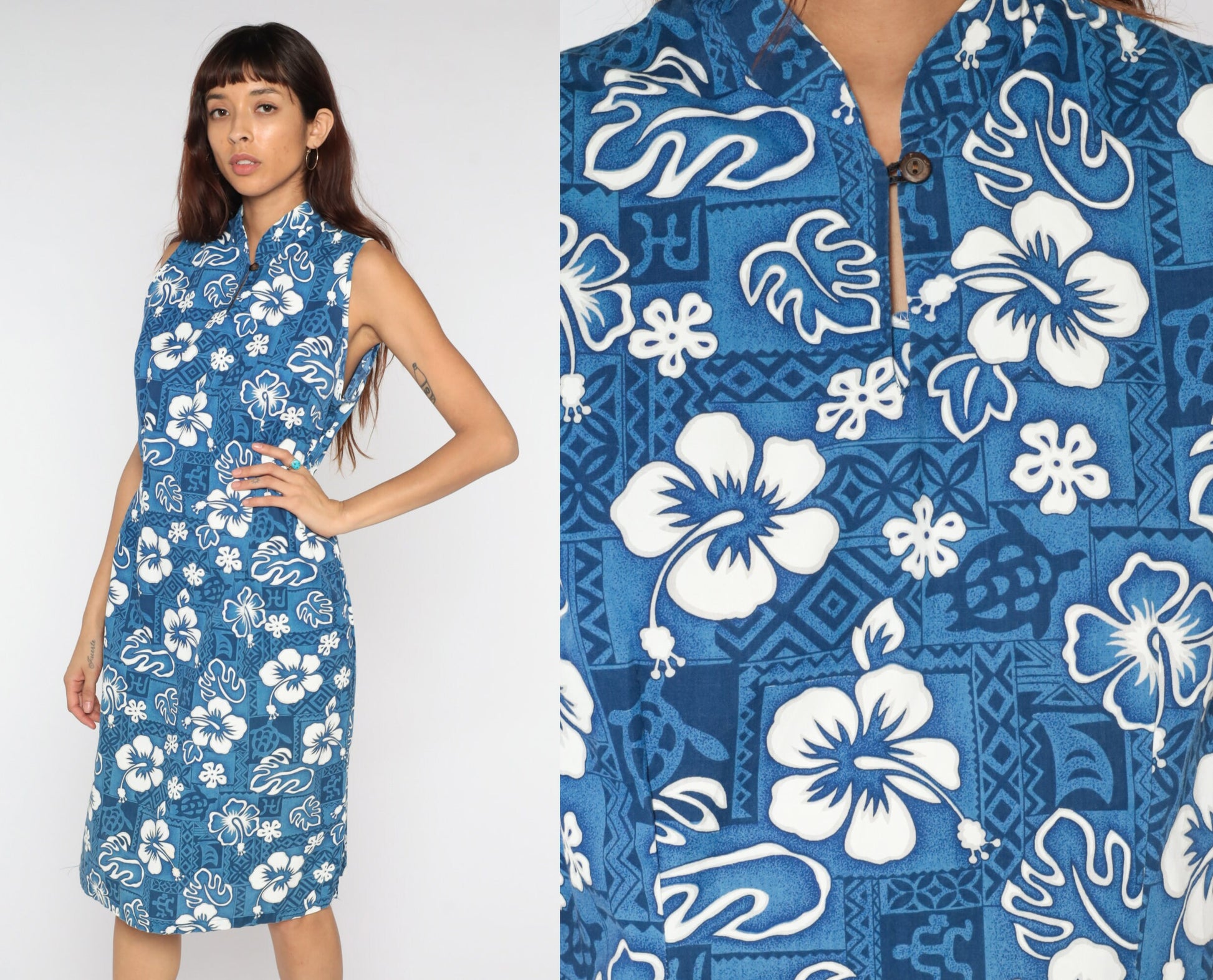 90s Hawaiian Floral Midi Dress Blue Tropical Shift Sleeveless Large
