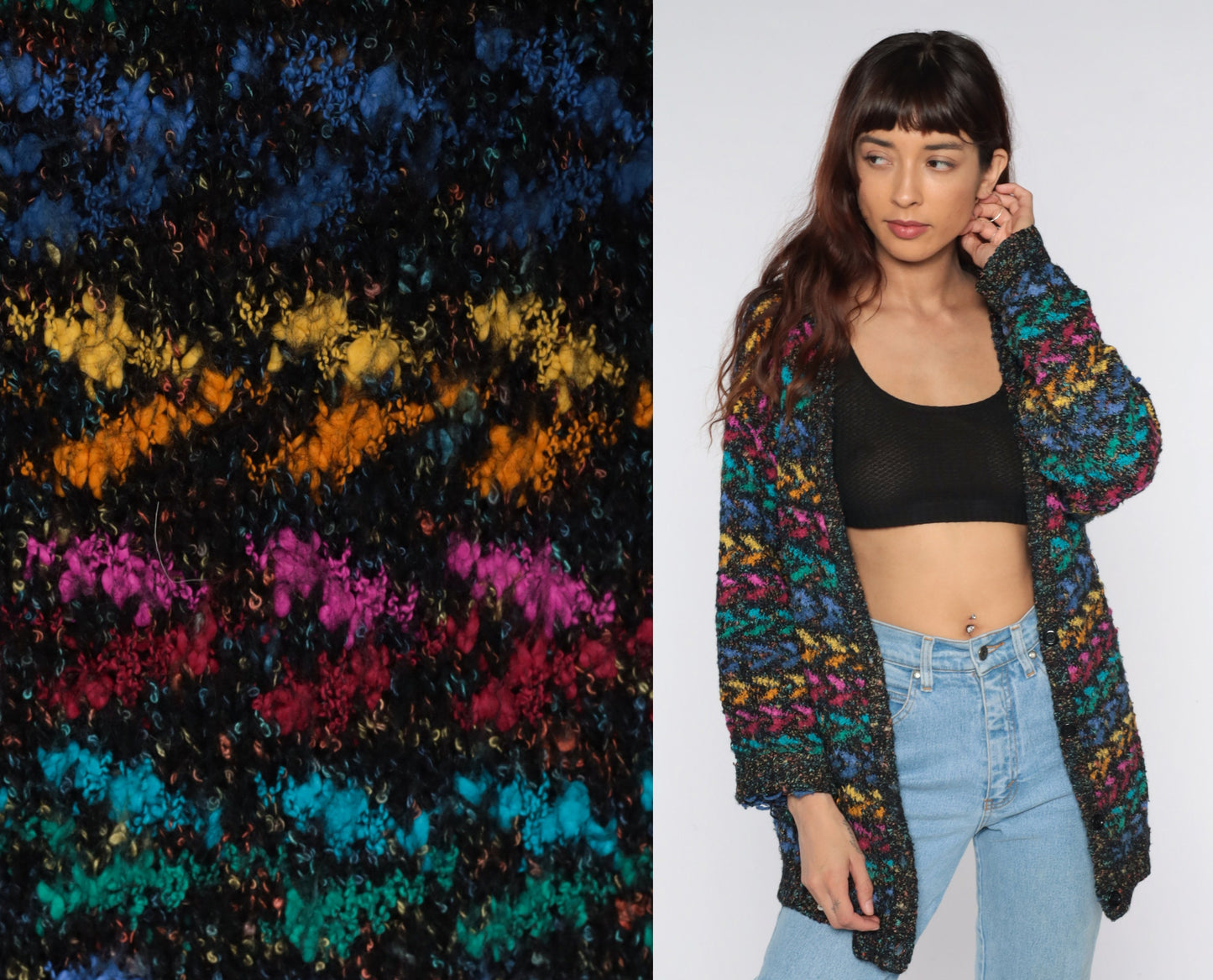 80s Metallic Geometric Cardigan Black Rainbow Sparkly Knit Small