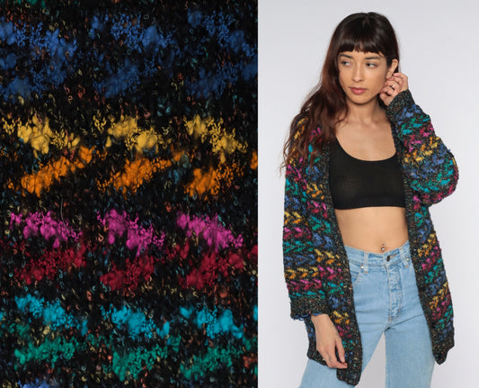 80s Metallic Geometric Cardigan Black Rainbow Sparkly Knit Small
