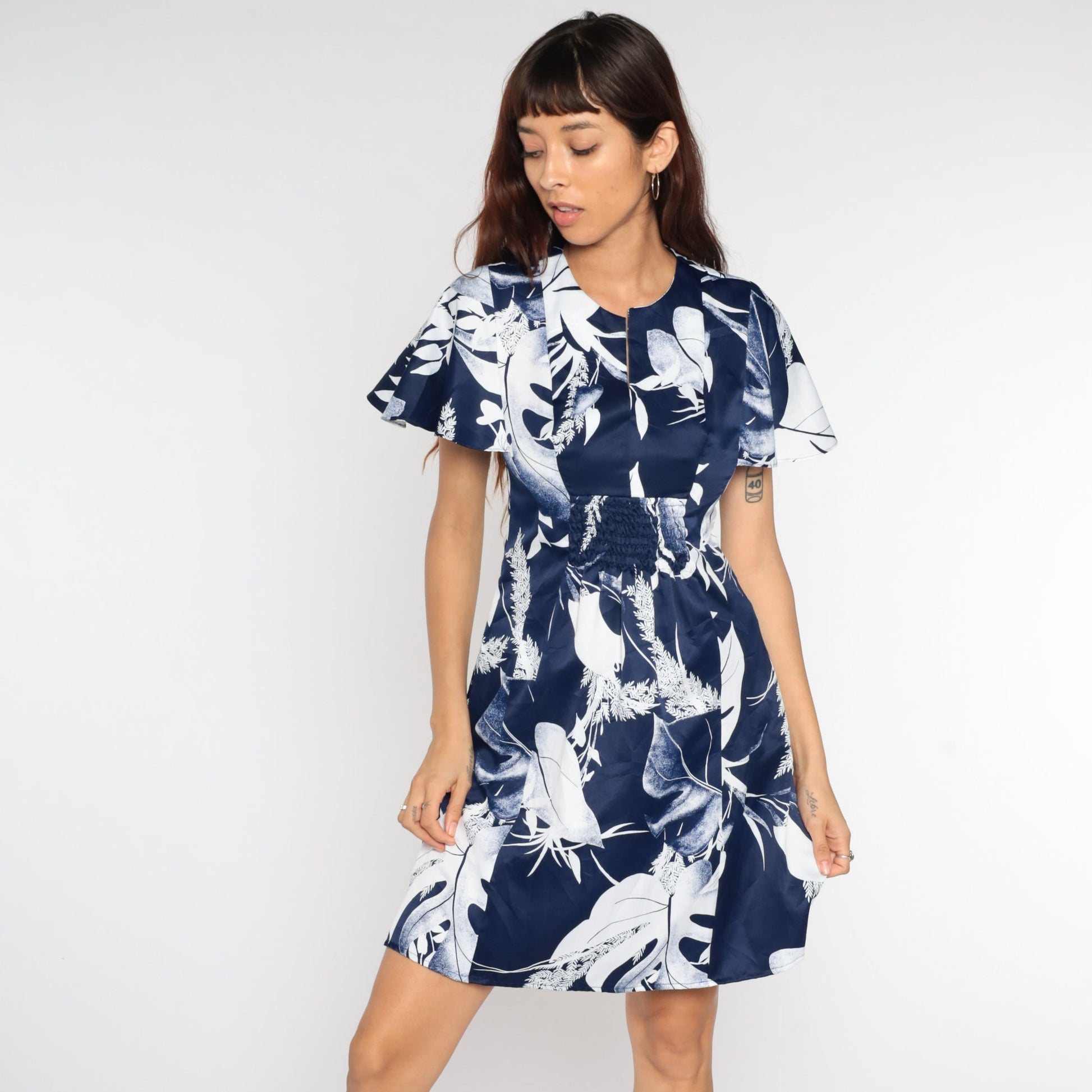 70s Babydoll Mini Dress Navy Leaf Print Empire Waist Flutter Sleeve Small