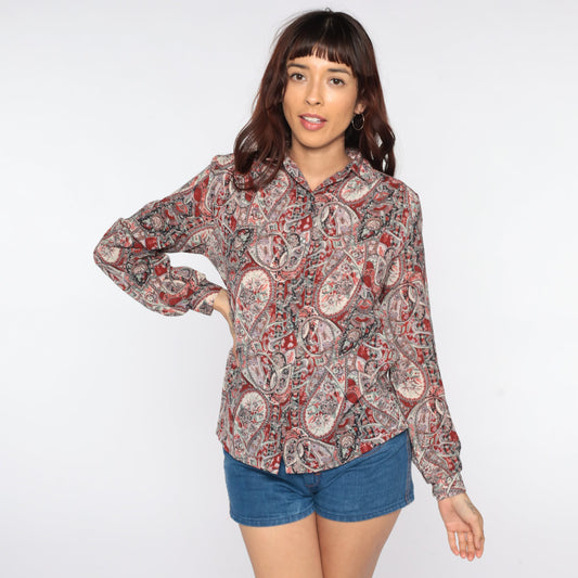 80s Paisley Button-Up Blouse Long Sleeve Psychedelic Print Medium