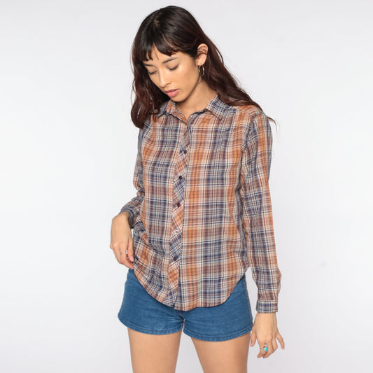 80s Plaid Button-Up Shirt Blue Brown Checkered Long Sleeve Small