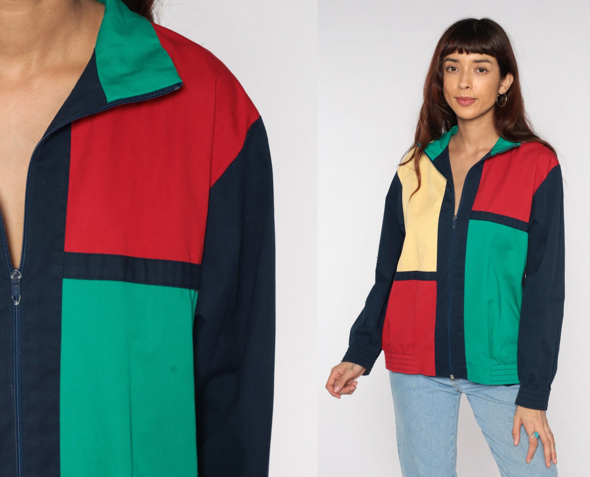 90s Color Block Windbreaker Jacket Navy Red Yellow Green Zip Medium