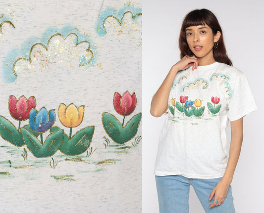 90s Glitter Tulip Floral T-Shirt Cotton Graphic Tee Medium M