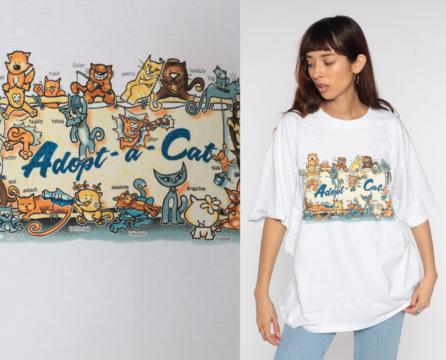 90s Adopt A Cat Graphic T-Shirt White Cotton Tee Extra Large XL