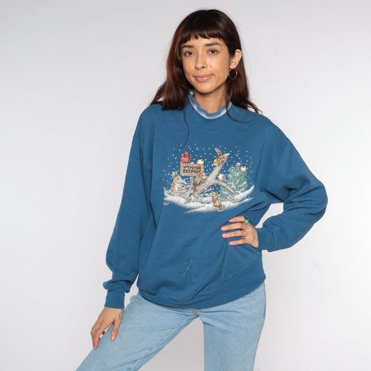 80s Winter Animal Graphic Sweatshirt Blue Mock Neck Bunny Squirrel Birds Large L
