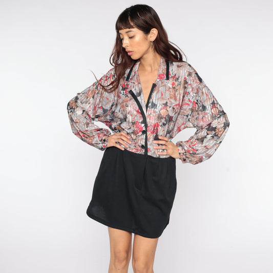 70s Floral Mini Dress Black Skirt Collared Button-Up Long Sleeve Medium