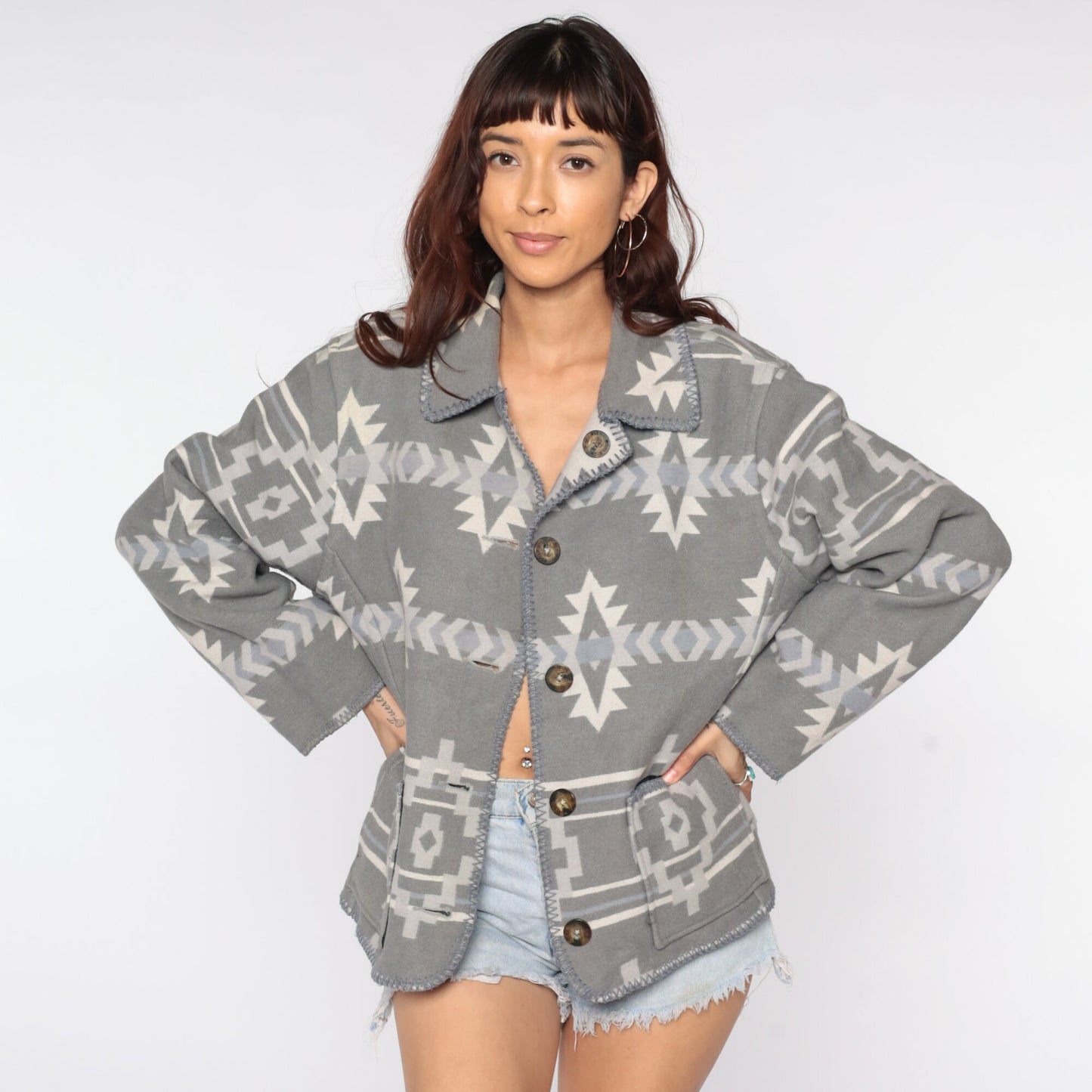 80s Woolrich Wool Southwestern Reversible Jacket Grey Large L